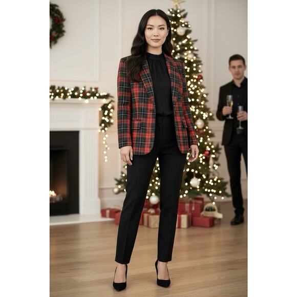 Sag Harbor Jackets & Blazers - Vtg Sag Harbor Red Tartan Plaid Blazer Wool Blend Jacket Velvet Collar Womens 14